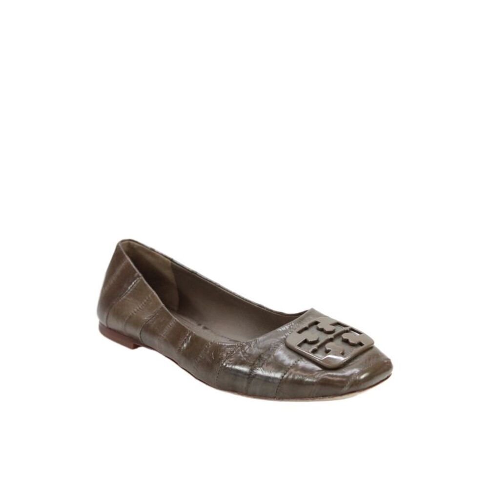 Tory Burch Womens Leather Logo Striped Slip On Flats Brown Size 6.5